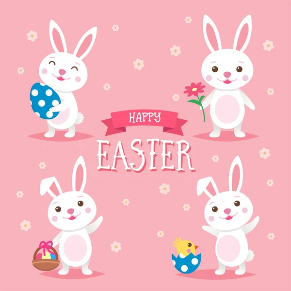 Happy Easter background with easter bunnies and lettering. Cute cartoon vector illustration — Stock Vector