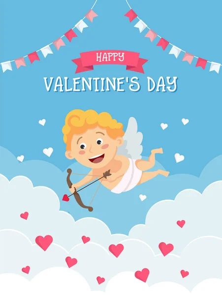 かわいいキューピッド、雲の背景、お祝いのガーランドとレタリングとハッピーバレンタインデーグリーティングカード。漫画風のベクトルイラスト — ストックベクタ