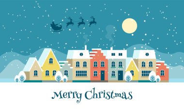 Güzel evleri, gece gökyüzü ve uçan Noel Baba 'lı mutlu Noeller. Vektör tebrik kartı şablonu düz biçimli