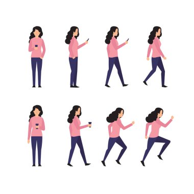 Kadın karakteri, farklı pozlar, iş adamı, düz bir şekilde vektör çizimi. Beyaz arkaplanda izole edilmiş karakter