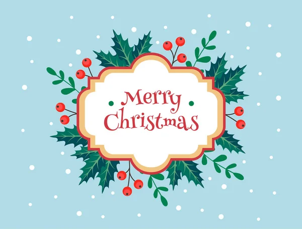 Buon Natale modello di biglietto di auguri con cornice carina con vischio e bacche. Modello di disegno illustrazione vettoriale — Vettoriale Stock