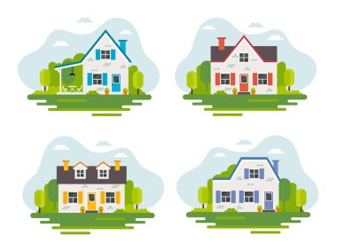 Düz stil, vektör illüstrasyon, gayrimenkul, konut, kiralama, yatırım, emlak yönetimi konsepti illüstrasyonunda dört şirin ev..