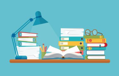 Ders çalışmak, kitaplarla öğrenmek. Düz stil, öğrenim, eğitim, ofis çalışması, okul veya üniversite konsepti