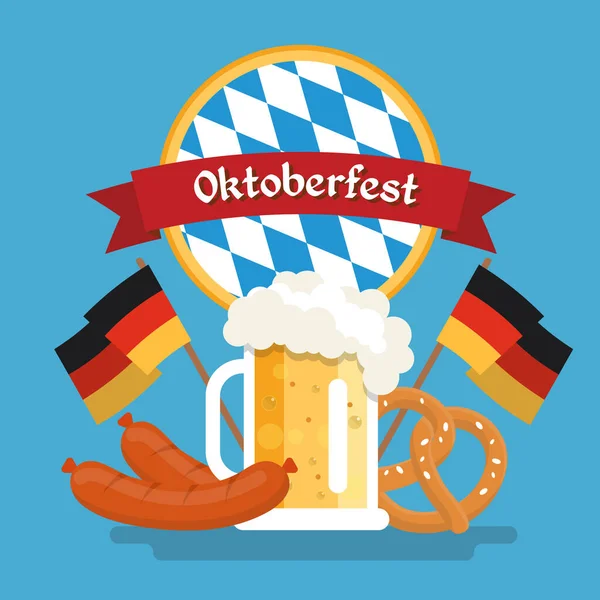 Illustrazione modello Oktoberfest con tazza di birra, salsiccia, pretzel, bandiere tedesche. Illustrazione in stile piatto — Vettoriale Stock