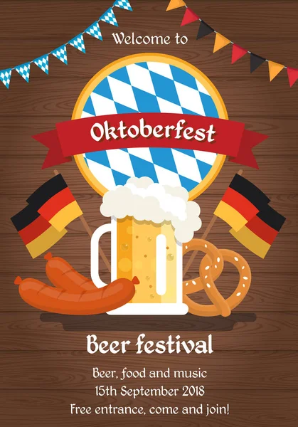 Oktoberfest bierfestival poster, illustratiesjabloon in platte stijl met bierbeker, traditioneel eten, Duitse vlaggen. — Stockvector