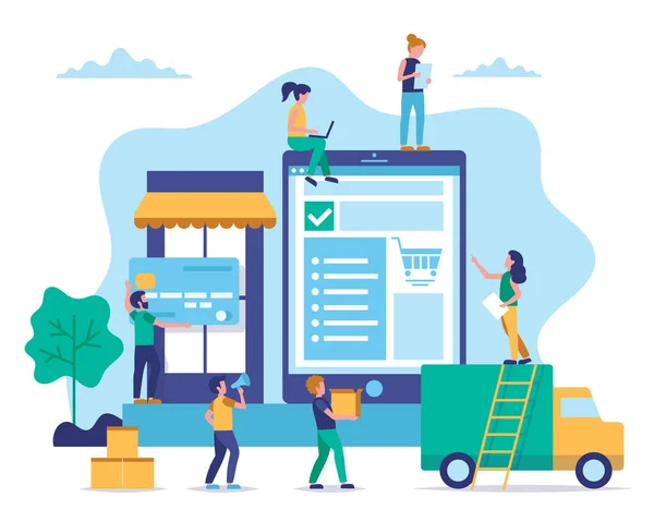 온라인 쇼핑 컨셉 삽화는 캐릭터가 있는 평면 스타일이다. 인터넷, 배달, 발송 서비스에서 물건을 구입하는 일. — 스톡 벡터