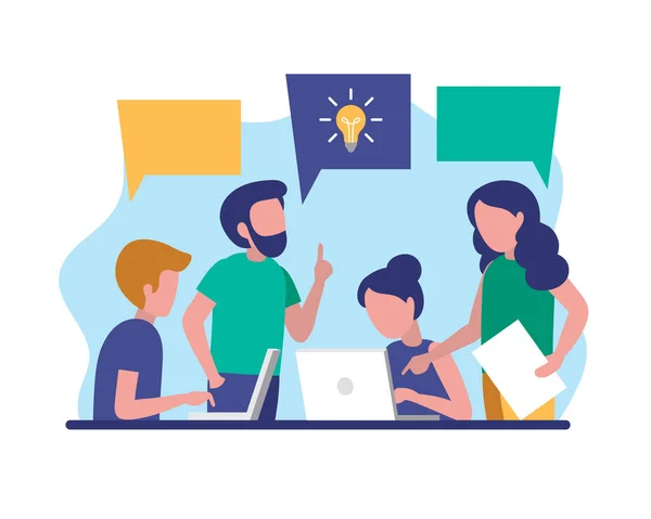 Team work concept illustration. Idea, office work, business meeting. Men and women at a discussion, working together. Flat style modern vector illustration. — Stock Vector