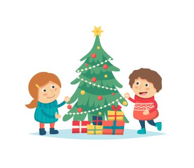 Beyaz arka planda izole edilmiş Noel ağacını süsleyen çocuklar. Sevimli karakterler, Noel ve yeni yıl