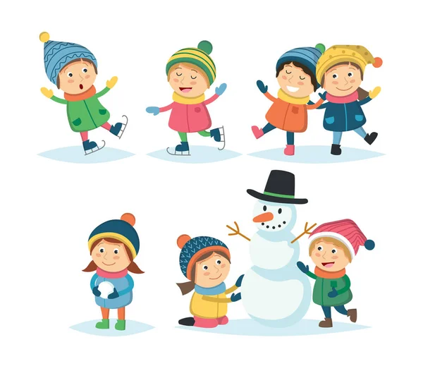 Зимние дети играют на открытом воздухе, делают снеговика, катаются на коньках, изолированы на белом фоне . — стоковый вектор