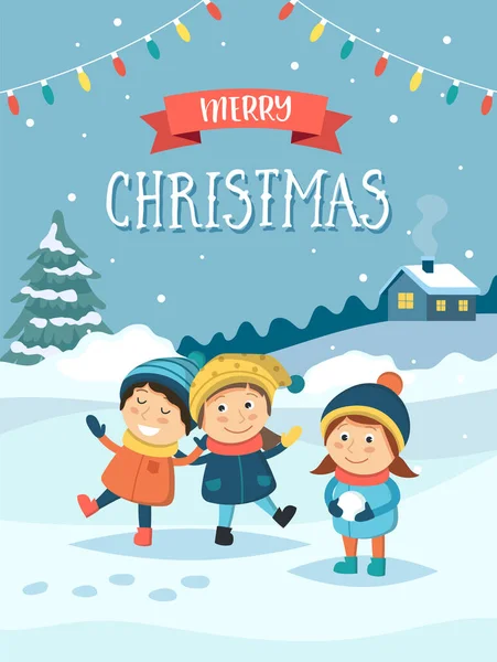 Dışarıda karda oynayan çocukların olduğu Noel tebrik kartı..
