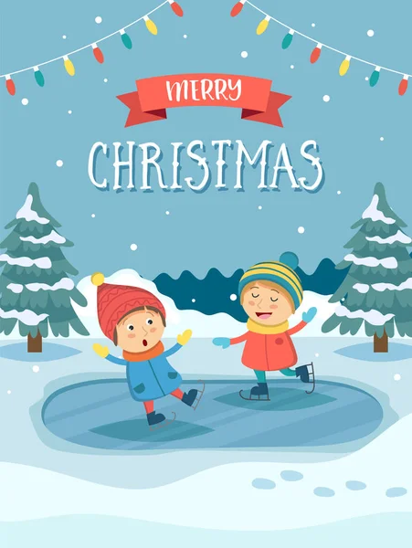 Weihnachtsgrußkarte mit Kindern, die draußen im Schnee spielen. — Stockvektor
