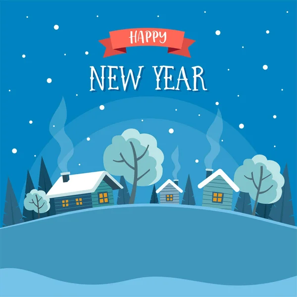 З Новим роком вітальна листівка з зимовим пейзажем і милими будиночками і деревами. Векторна ілюстрація шаблон дизайну з написом — стоковий вектор