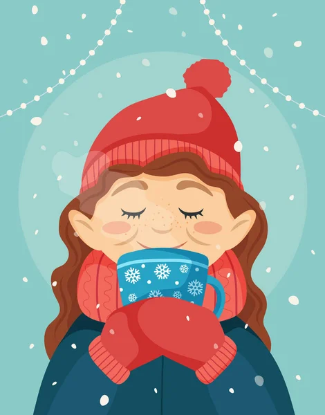 Meisje met een kopje warme chocolademelk, leuke winter vector illustratie in cartoon stijl. Wenskaart ontwerp sjabloon — Stockvector
