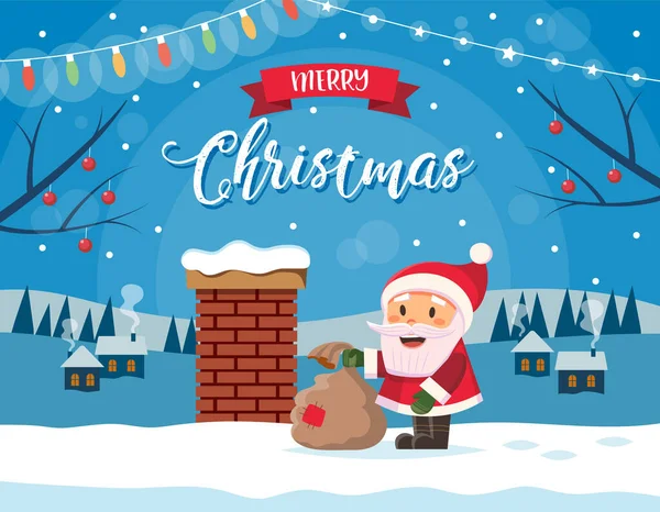 Feliz Navidad tarjeta de felicitación en estilo plano con el personaje de Santa Claus en el techo con la chimenea, letras. Plantilla ilustrativa vectorial — Archivo Imágenes Vectoriales