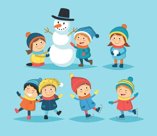 Зимние дети играют на свежем воздухе, делают снеговиков, катаются на коньках. Векторная иллюстрация в плоском стиле — стоковый вектор