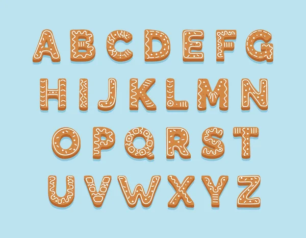 Weihnachtliche Lebkuchen, Buchstaben aus dem Alphabet, mit Zucker verziert und glasiert. Frohe Weihnachten und ein gutes neues Jahr. Vorlage zur Vektorillustration — Stockvektor