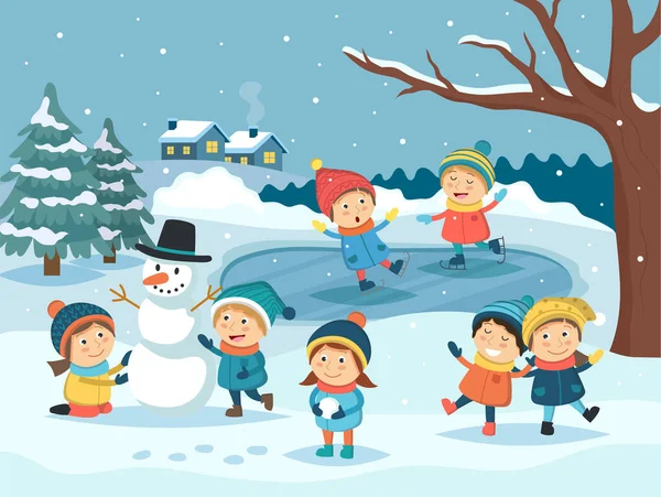 Зимняя детская сцена - дети играют на свежем воздухе в снегу, делают снеговика, катаются на коньках. Зимний пейзаж, рождественские и новогодние открытки. Векторная иллюстрация в стиле мультфильма — стоковый вектор