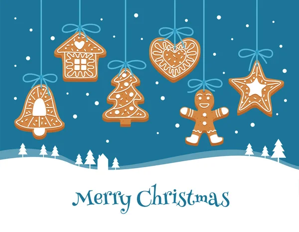 Різдвяна листівка з імбирним печивом та зимовим пейзажем. Різдвяні прикраси, векторні ілюстрації шаблон — стоковий вектор