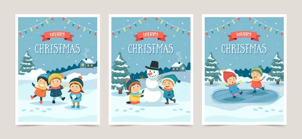 Conjunto de tarjetas de felicitación navideñas con niños jugando al aire libre en la nieve, diferentes escenas. plantilla de diseño de ilustración vectorial — Archivo Imágenes Vectoriales