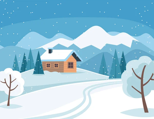 Wit besneeuwd winterlandschap met schattig landhuis en bergen en bomen. Vector illustratie in platte stijl. — Stockvector