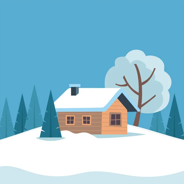 Paysage hivernal enneigé blanc avec jolie maison de campagne et montagnes et arbres. Illustration vectorielle en style plat . — Image vectorielle