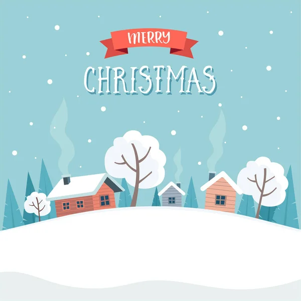 Winterlandschaft mit niedlichen Häusern und Bäumen, frohe Weihnachten Grußkarte Vorlage. — Stockvektor