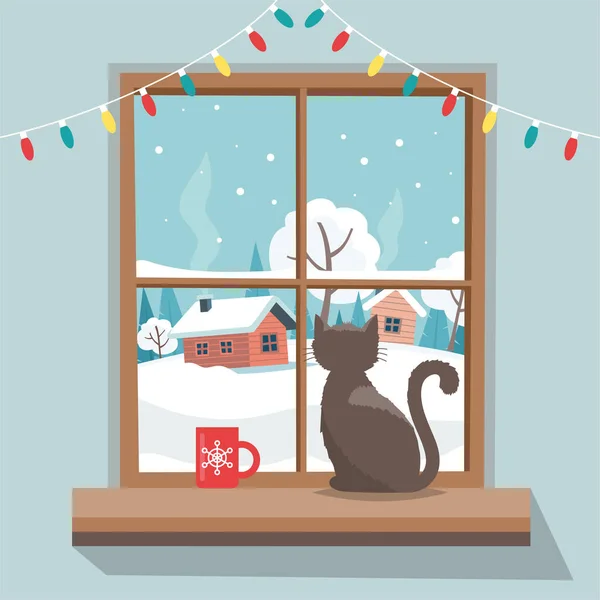 Christmas window with winter landscape, cat sitting on the window sill. Merry christmas greeting card template. — Stock Vector
