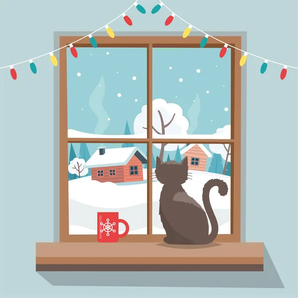 stock vector Christmas window with winter landscape, cat sitting on the window sill. Merry christmas greeting card template.