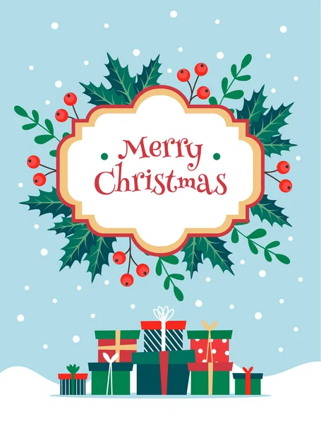 Feliz Navidad tarjeta de felicitación plantilla con lindo marco de letras y regalos. plantilla de diseño de ilustración vectorial — Archivo Imágenes Vectoriales