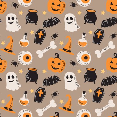 Cadılar Bayramı kusursuz desen, balkabaklı resimler, gözler, hayalet, kemikler, yarasalar. Düz biçimli vektör illüstrasyonu