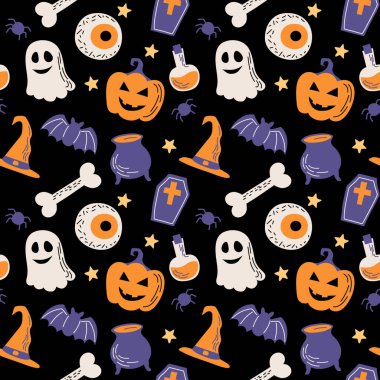 Cadılar Bayramı kusursuz desen, balkabaklı resimler, gözler, hayalet, kemikler, yarasalar. Düz biçimli vektör illüstrasyonu