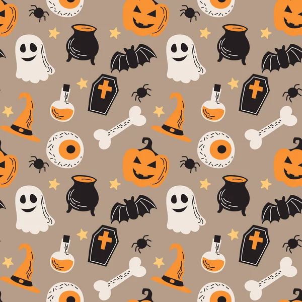 Patrón sin costuras de Halloween, ilustración con calabazas, ojos, fantasma, huesos, murciélagos. Ilustración vectorial en estilo plano — Vector de stock