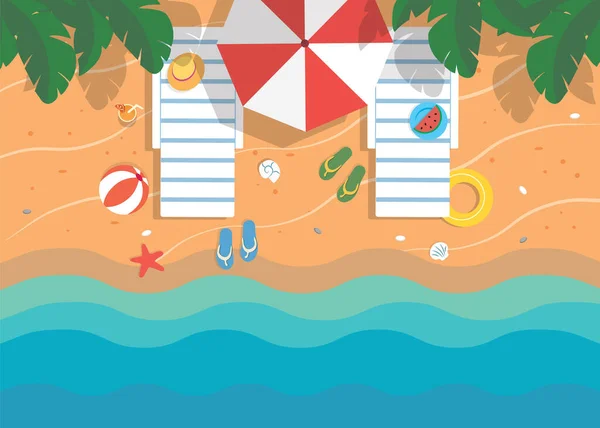 Yukarıdan plaj manzarası, düz yaz çizimi. İki şezlong, şemsiye, deniz kabuğu, parmak arası terlik, kum, dalga ve dalga.. — Stok Vektör