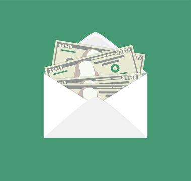 İçinde dolar banknotları olan açık bir zarf. Ödeme, maaş, yatırım, yolsuzluk konsepti illüstrasyonu düz stil.