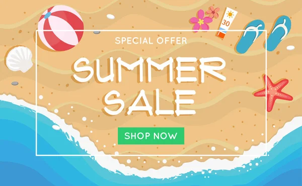 Bannière de vente d'été avec une scène de plage. Illustration vectorielle dans un style plat, modèle design — Image vectorielle