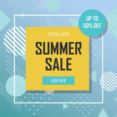 Son moda soyut geometrik arkaplanlı yaz indirimi afişi şablonu. İndirim, özel teklif, Vektör illüstrasyonu