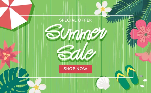 Summer sale banner template with wooden background, flowers, palm leaves, flip flops. Vector illustration in flat style — Stock Vector