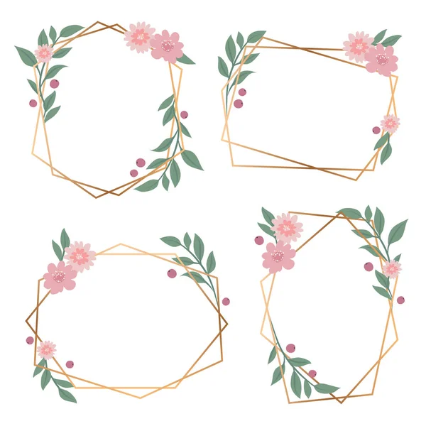 Geometrisk ram med blommor - elegant bröllopsinbjudan, vykort mall, vektor illustration. Set med 4 olika ramar — Stock vektor