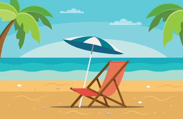 Chaise longue de playa con sombrilla, escena de playa con mar y palmeras. Ilustración vectorial en estilo plano — Vector de stock