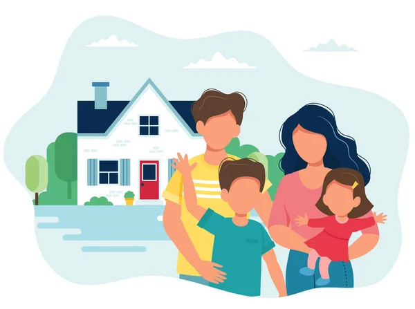 Famille avec enfants et une jolie maison. Illustration vectorielle en style plat — Image vectorielle