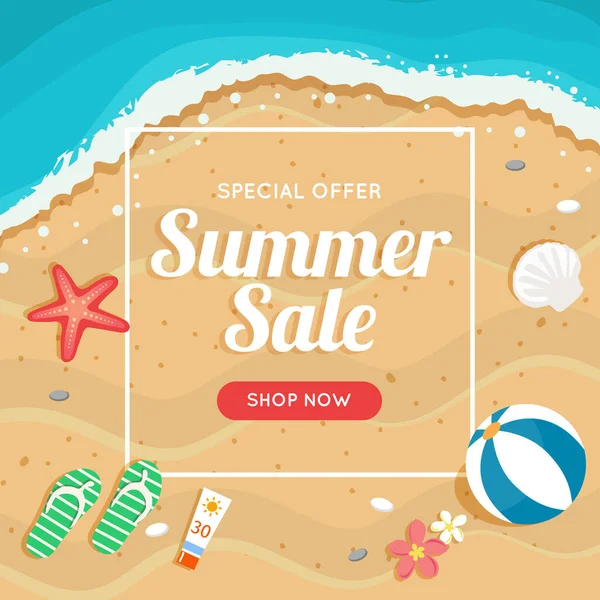 Summer sale banner with beach and sea, different beach elements. Vector illustration in flat style — Stock Vector