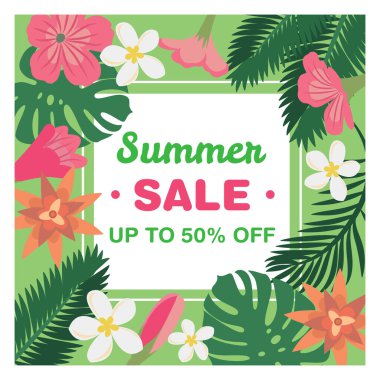 Yaz indirimi - tropikal çiçek ve yapraklı sancak şablonu, vektör illüstrasyonu