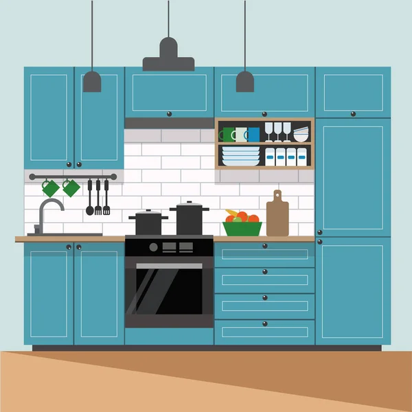 Interior de cocina moderna en estilo plano - ilustración vectorial — Vector de stock