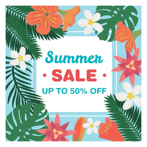 Venta de verano - plantilla de banner oferta especial con flores tropicales y hojas, ilustración vectorial — Archivo Imágenes Vectoriales