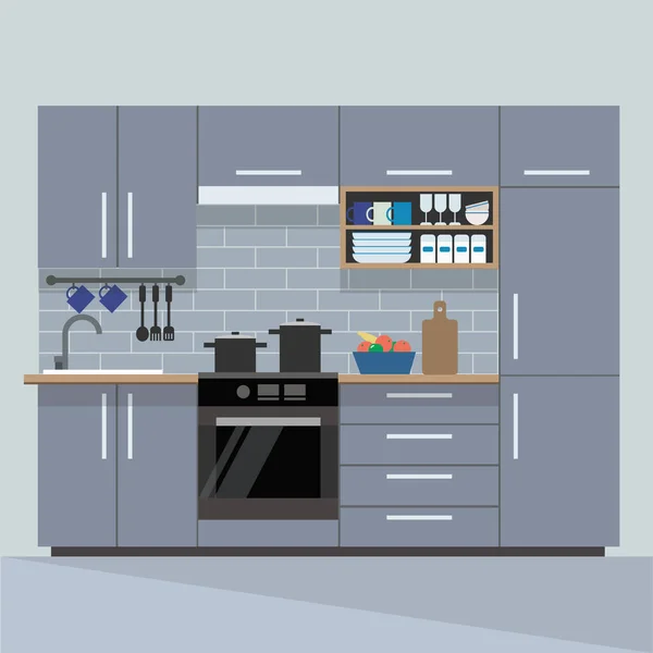 Современный интерьер кухни в плоском стиле - векторная иллюстрация — стоковый вектор
