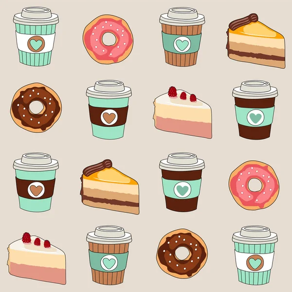 Coffee, cakes and donuts vector seamless pattern — Stock Vector
