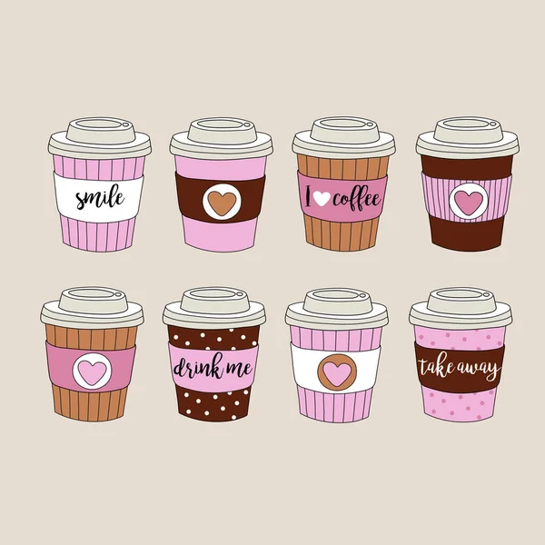 Set of colorful paper coffee cups - vector hand drawn illustration — Stock Vector