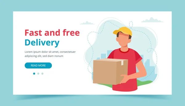 Delivery man holding a parcel box. Landing page or banner template. Delivery service, fast and free shipping. Vector illustration in flat style Royalty Free Stock Vectors