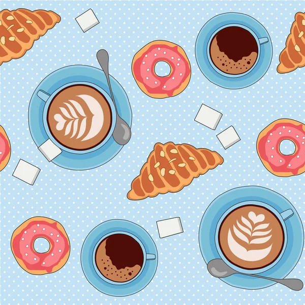 Безшовний векторний візерунок з чаєм та чашками кави, печиво та випічка — стоковий вектор