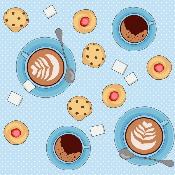 Padrão vetorial sem costura com xícaras de chá e café, biscoitos e pastelaria — Vetor de Stock